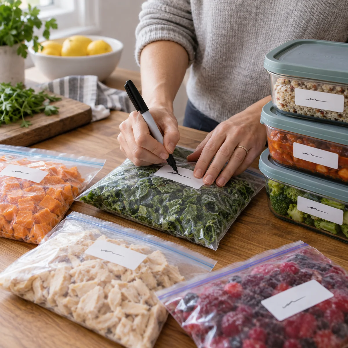 Hands labeling sealed freezer packages and reusable containers before storage