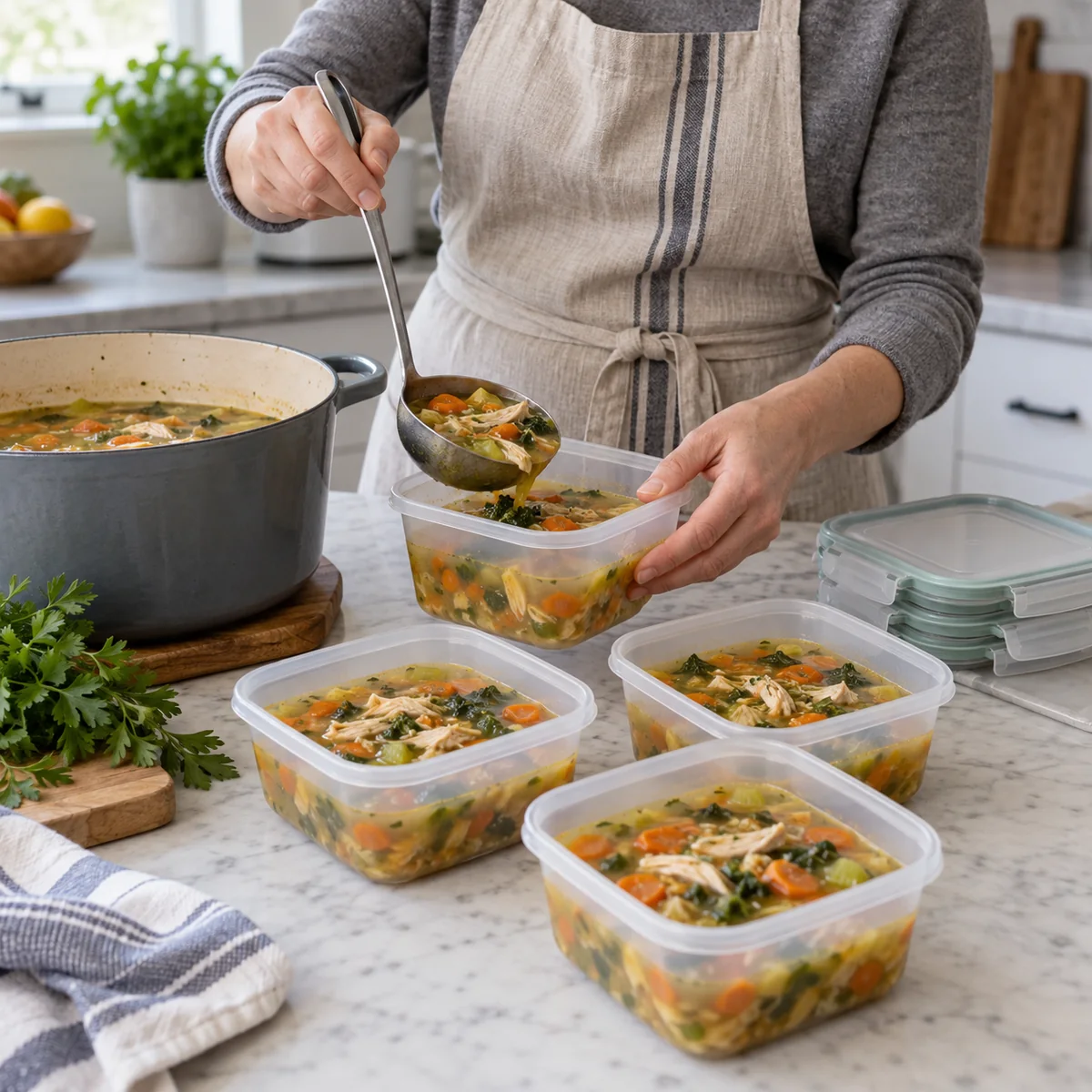 Home cook dividing a pot of food into shallow freezer-safe meal portions
