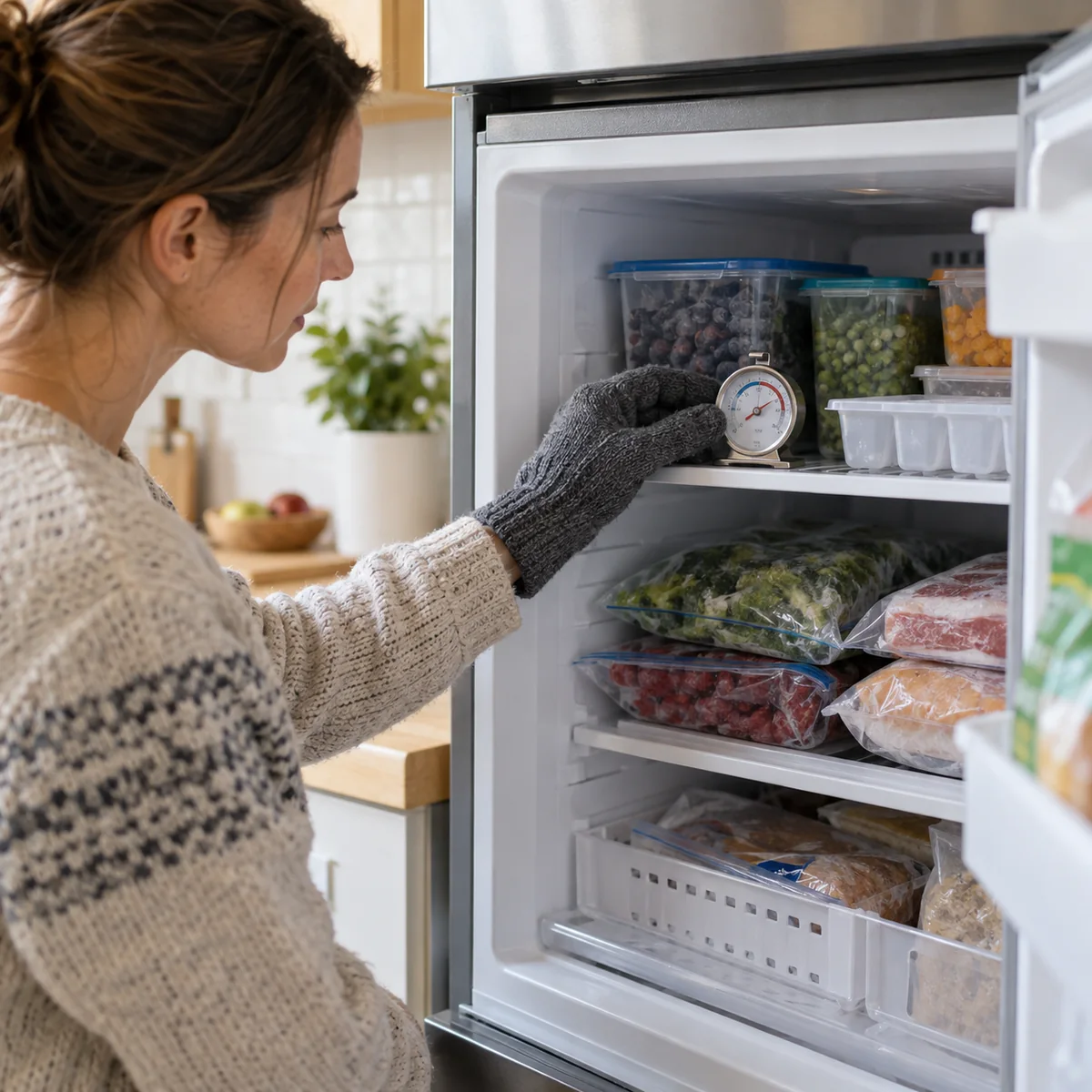 Person checking an appliance thermometer inside an organized home freezer