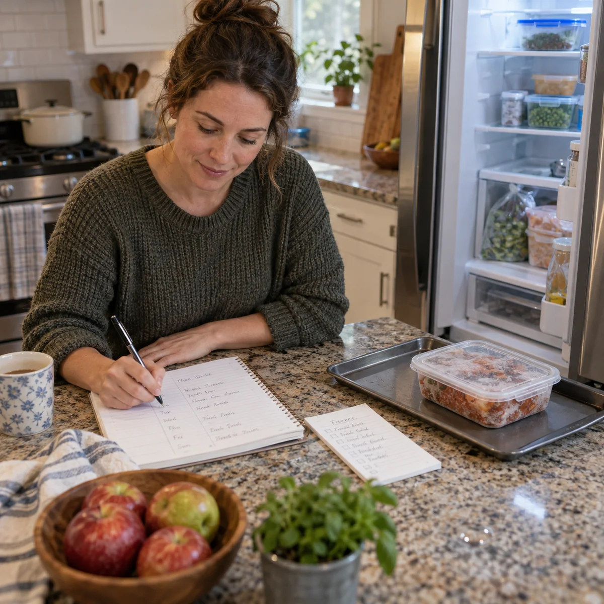 Home cook making a weekly meal plan from a freezer inventory with a frozen meal ready for refrigerator thawing