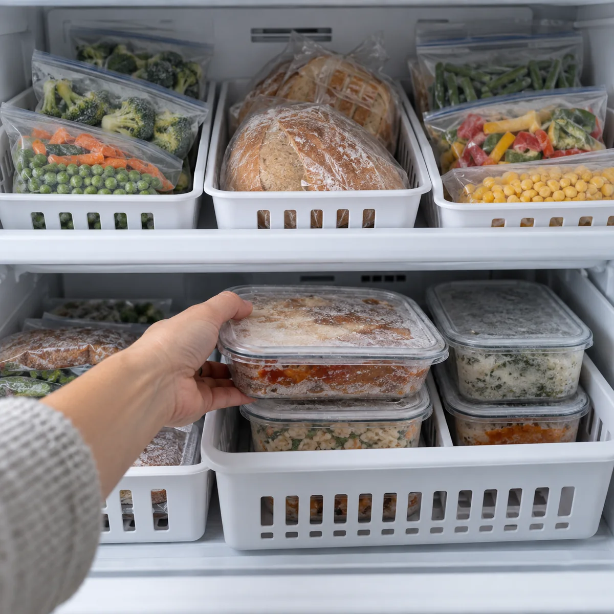 Hand selecting an older meal container from organized zones in a home freezer