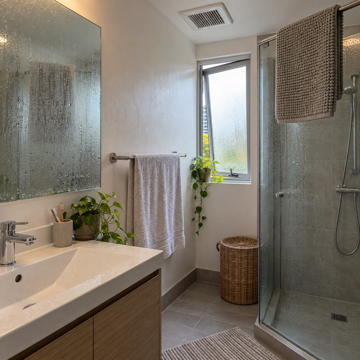 Compact bathroom with damp mat hung to dry and an exhaust vent above