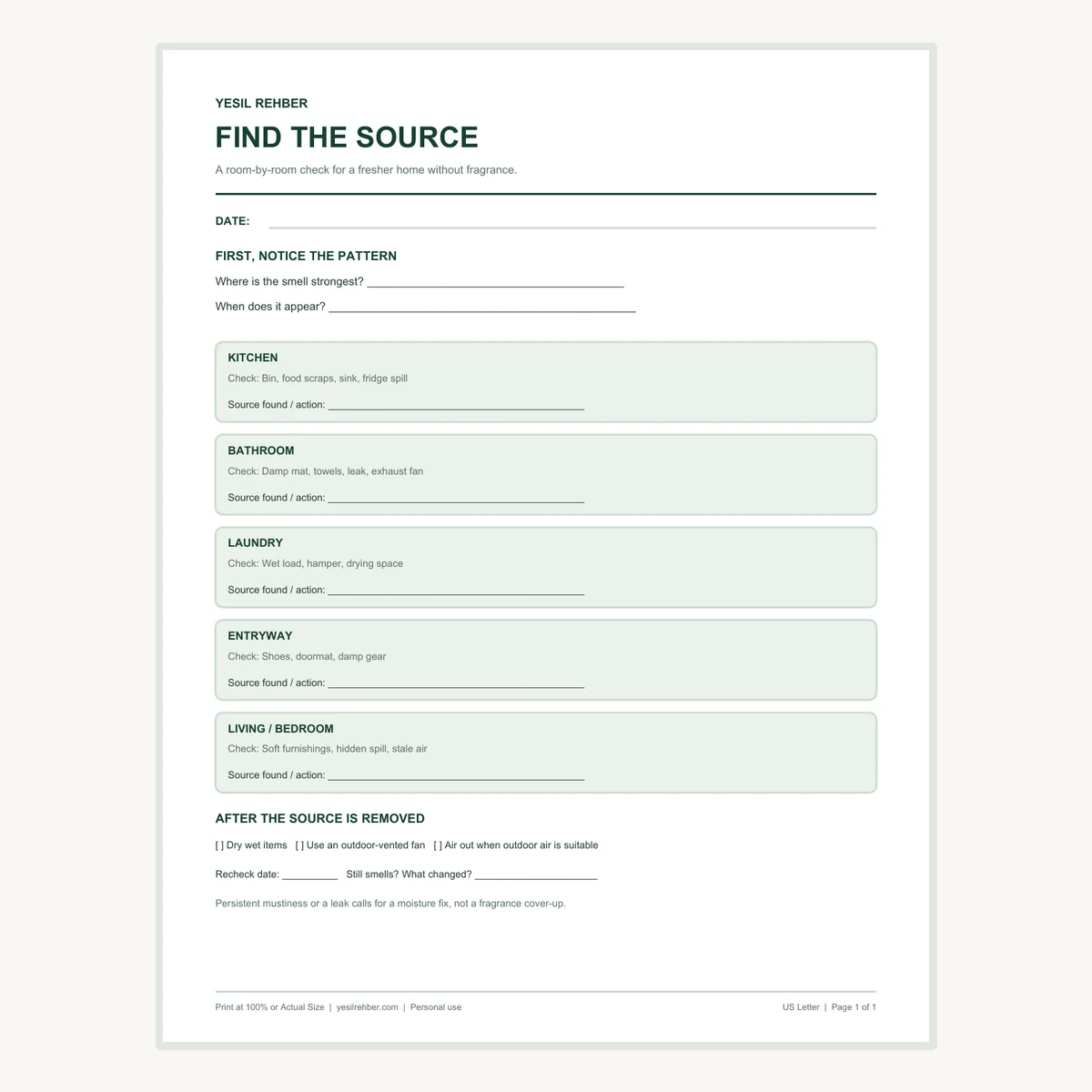 Preview of the one-page home odor source check printable