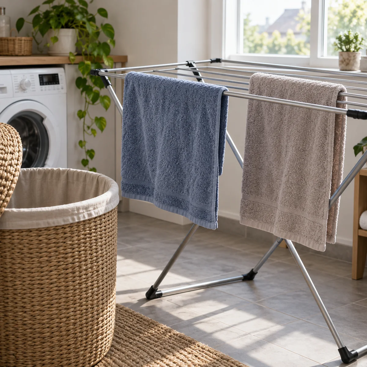 Damp towels spread apart on an existing drying rack beside a laundry hamper