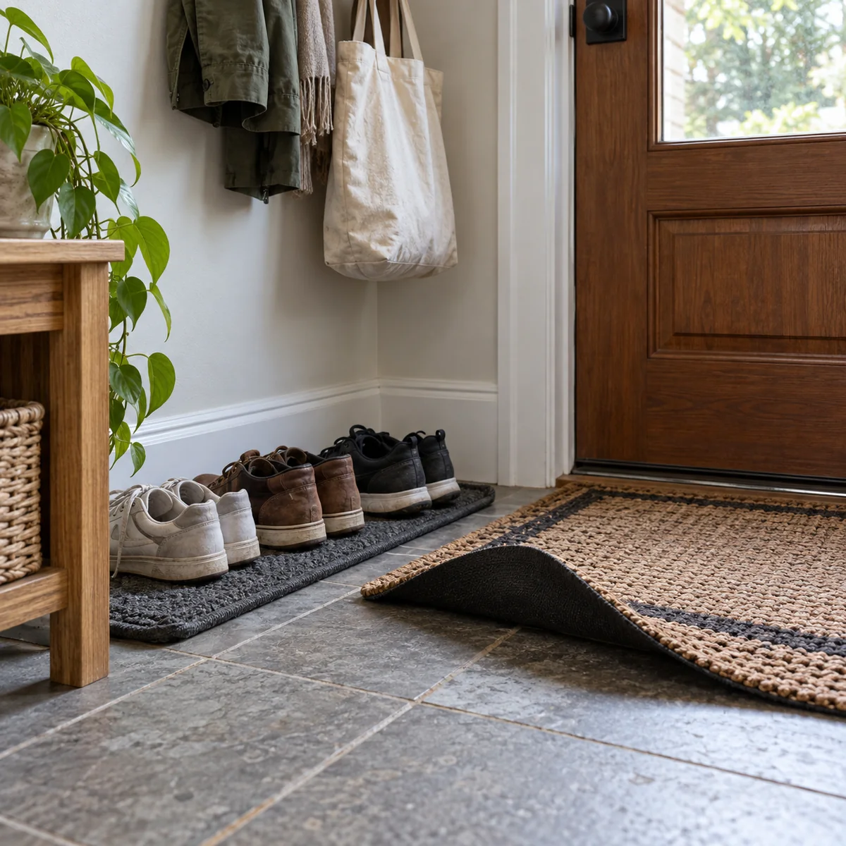 Shoes aired on a mat in a home entryway with the doormat lifted for cleaning