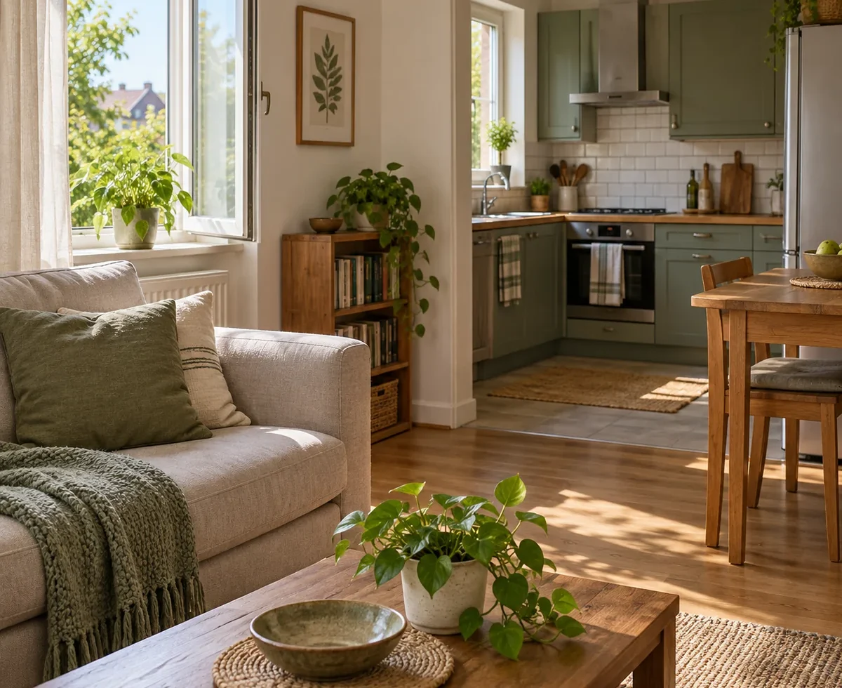 Bright ordinary home with open window and compact kitchen