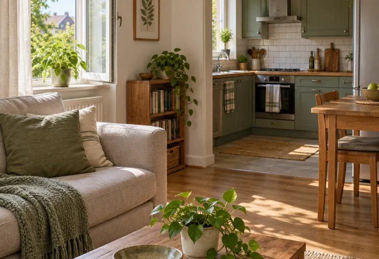 Bright ordinary home with open window and compact kitchen