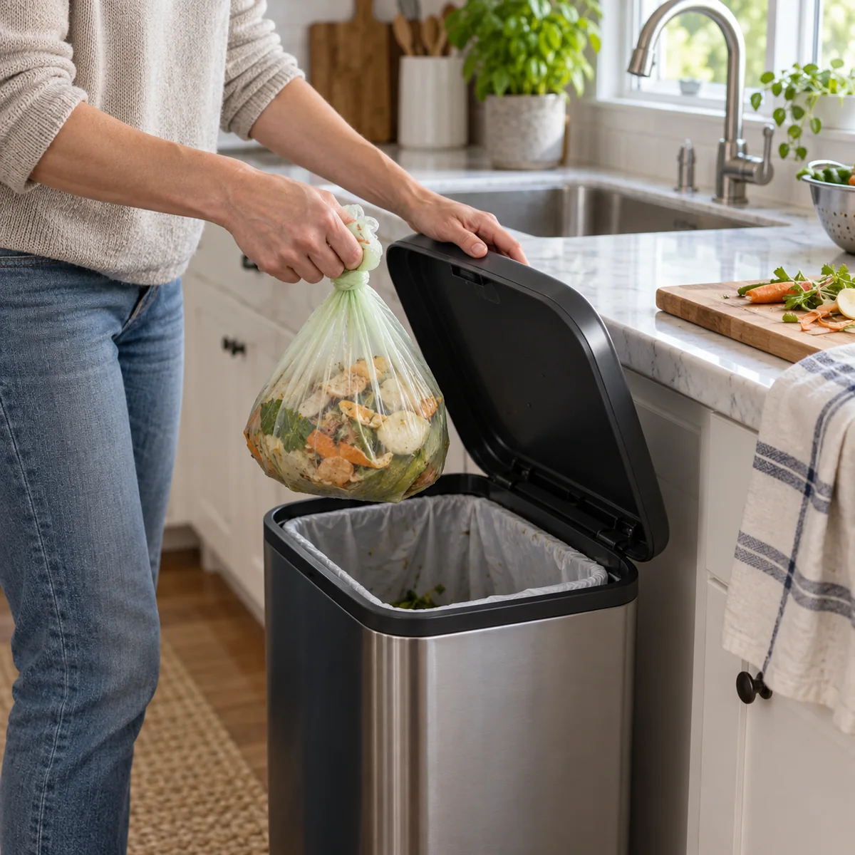 Hands removing food scraps from a kitchen bin to check an odor source