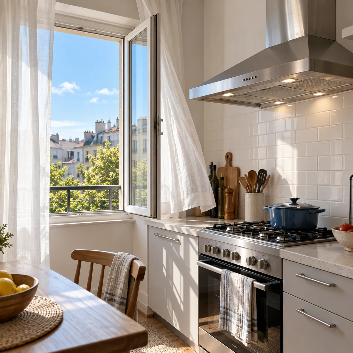 Kitchen window open on a clear day near an existing cooking exhaust hood
