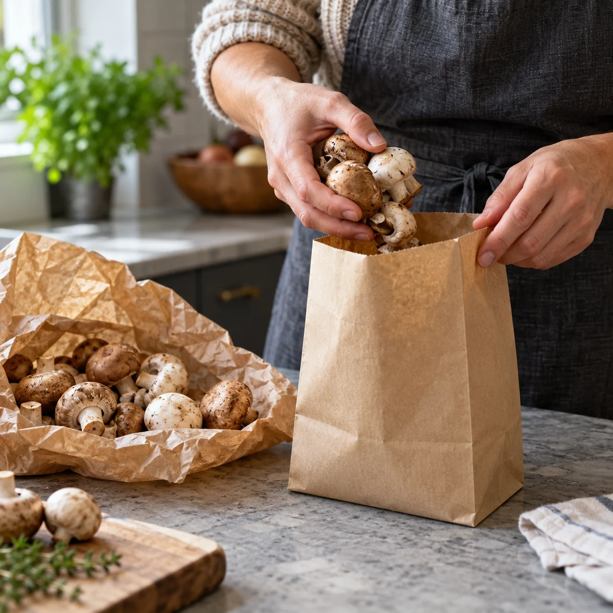 Adult transferring loose fresh mushrooms into a plain brown paper bag