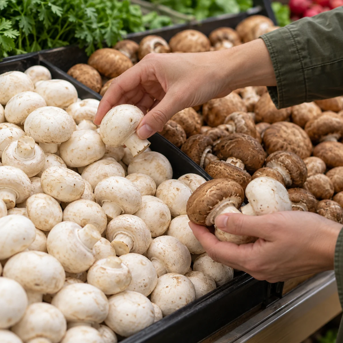 Adult choosing a small amount of firm white and cremini mushrooms