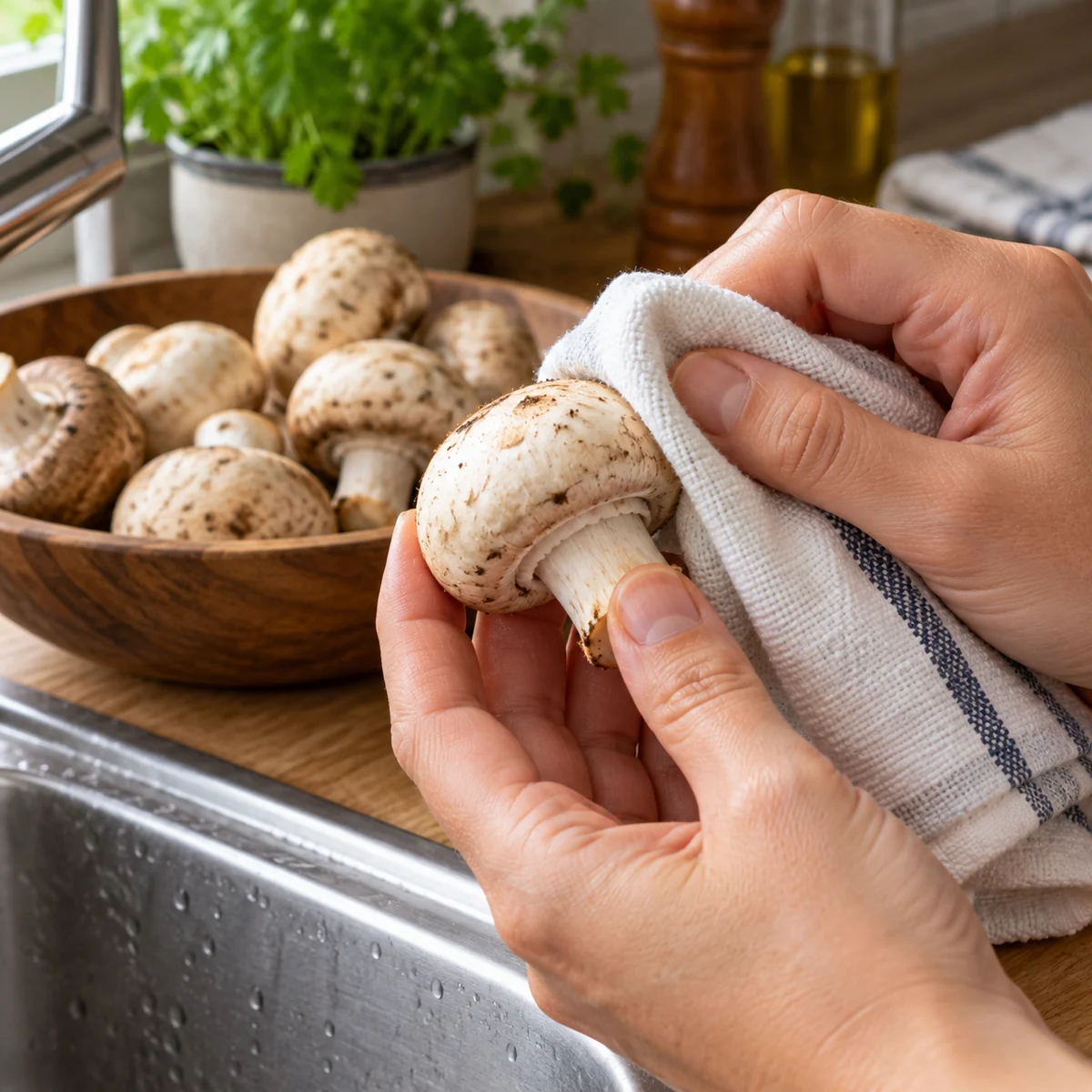 Adult wiping a fresh cultivated mushroom with a clean cloth before cooking