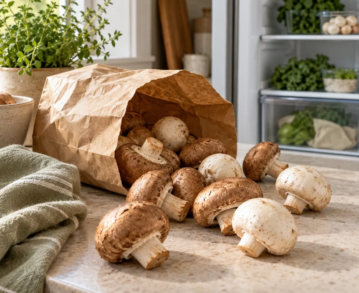 Fresh white and cremini mushrooms beside a brown paper bag
