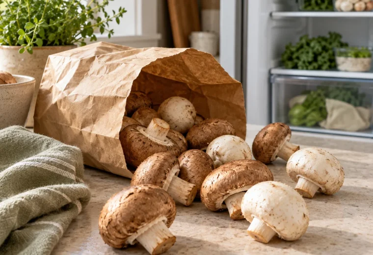 Fresh white and cremini mushrooms beside a brown paper bag