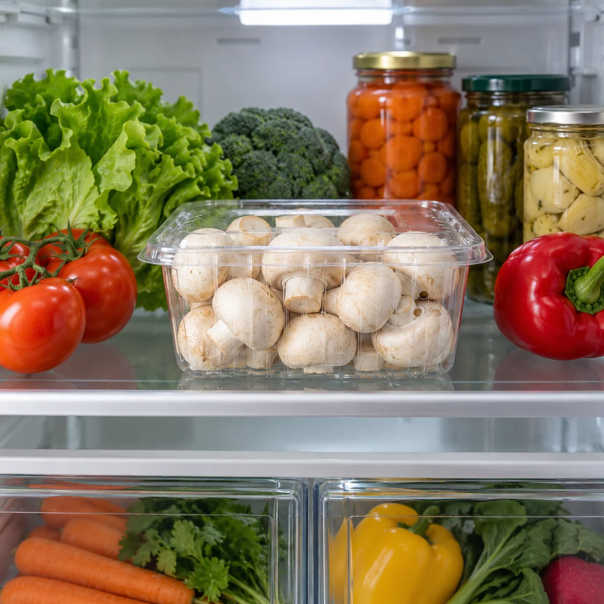 Fresh mushrooms in an intact original pack on a clean refrigerator shelf