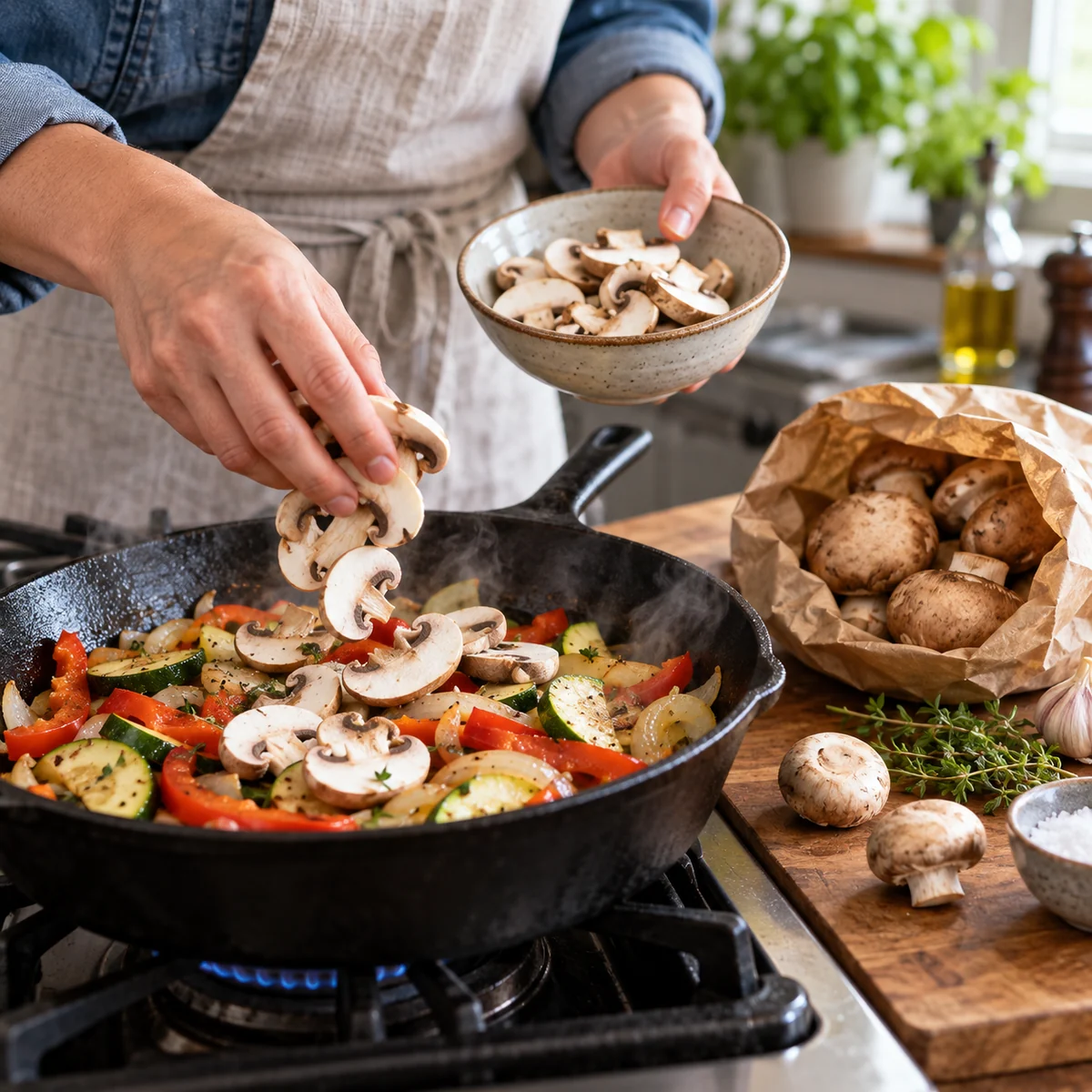 Adult cooking sliced fresh mushrooms in a skillet while a paper bag holds the remaining mushrooms