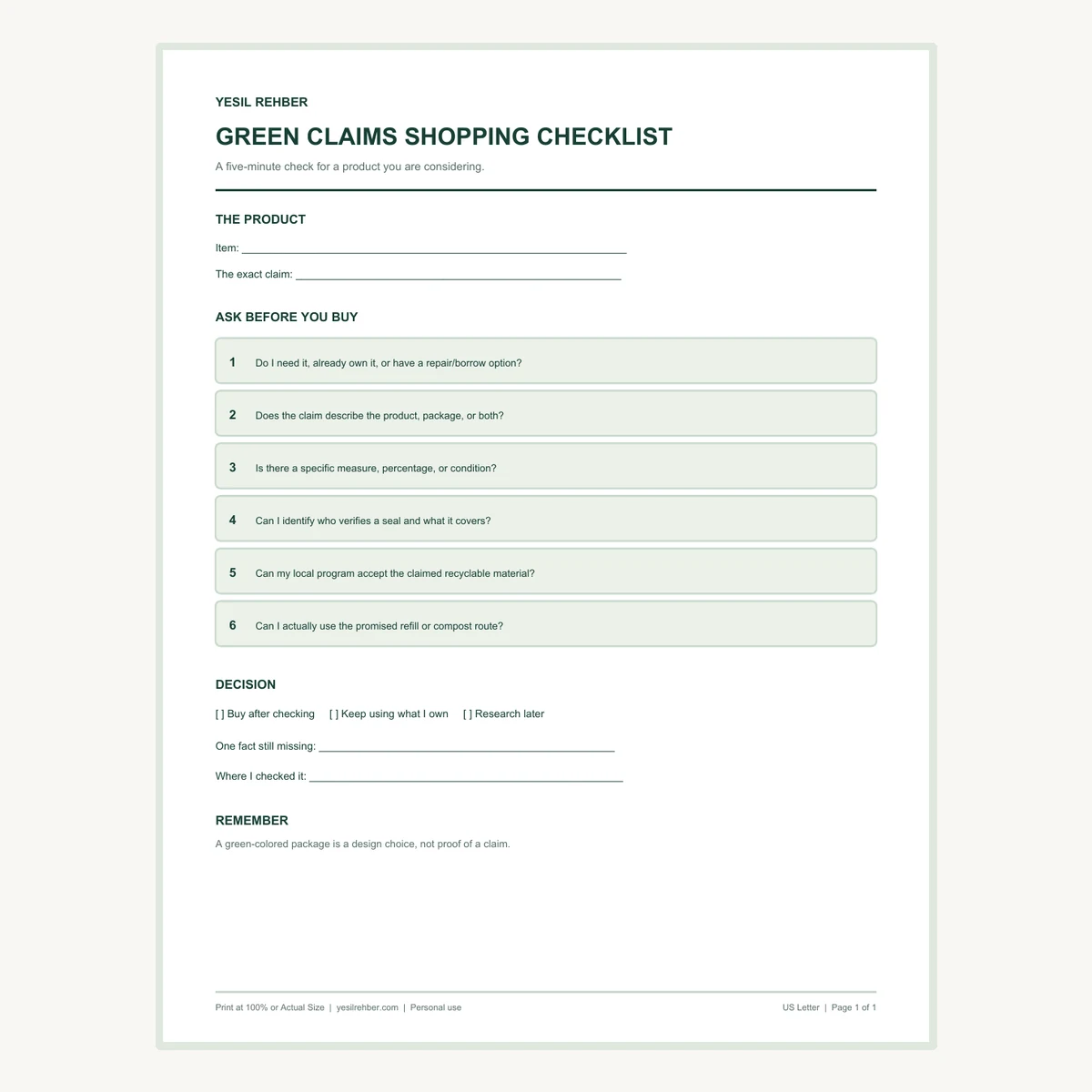 Preview of the actual green claims shopping checklist printable