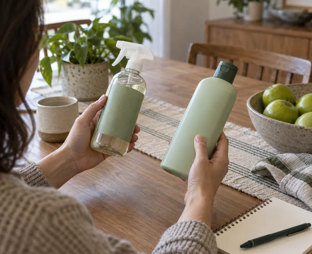 Shopper comparing unbranded household products before buying