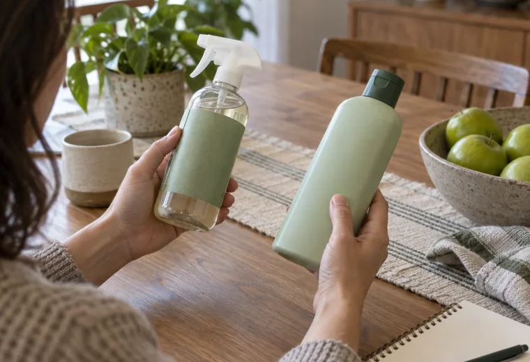 Shopper comparing unbranded household products before buying