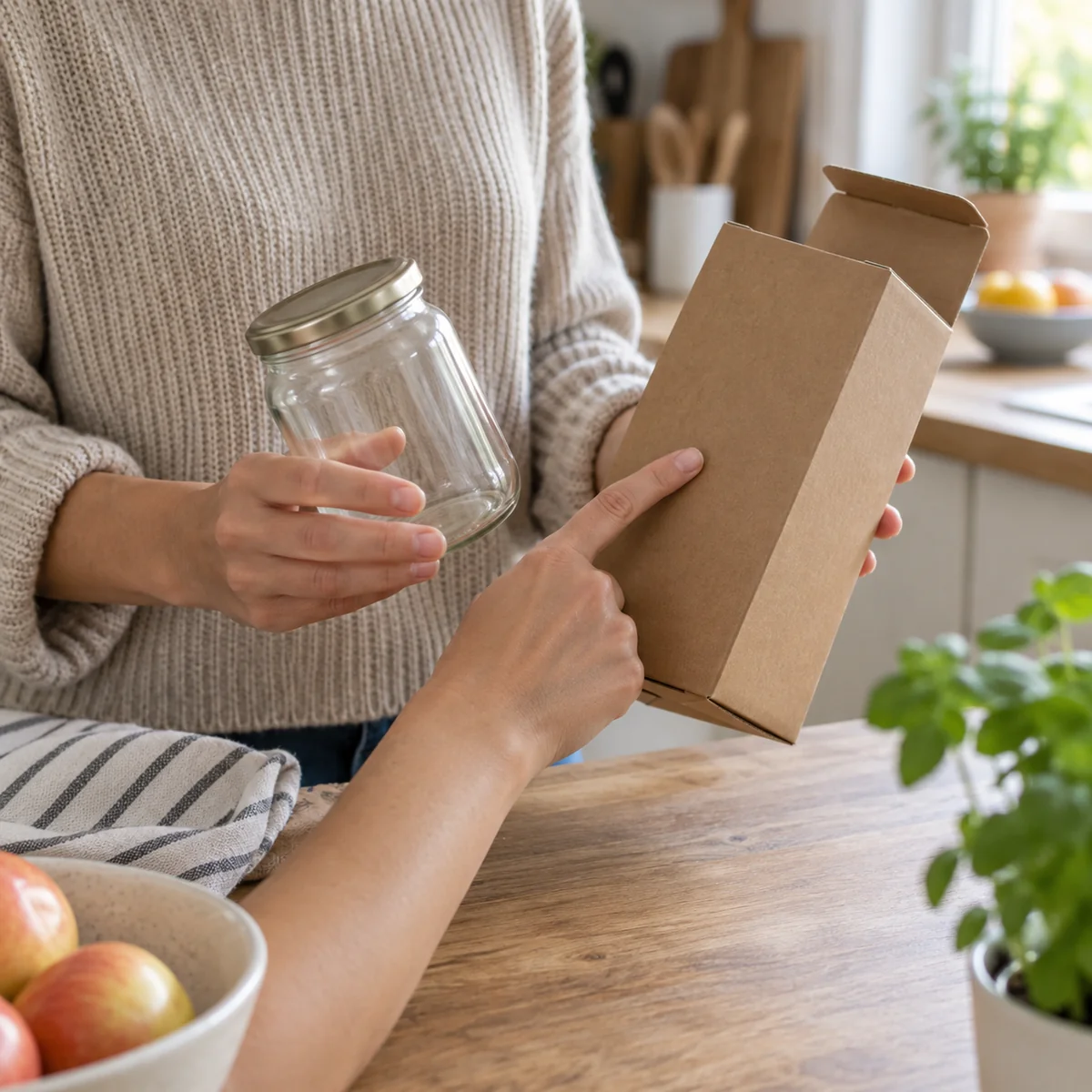 Shopper comparing a glass jar with its separate cardboard packaging