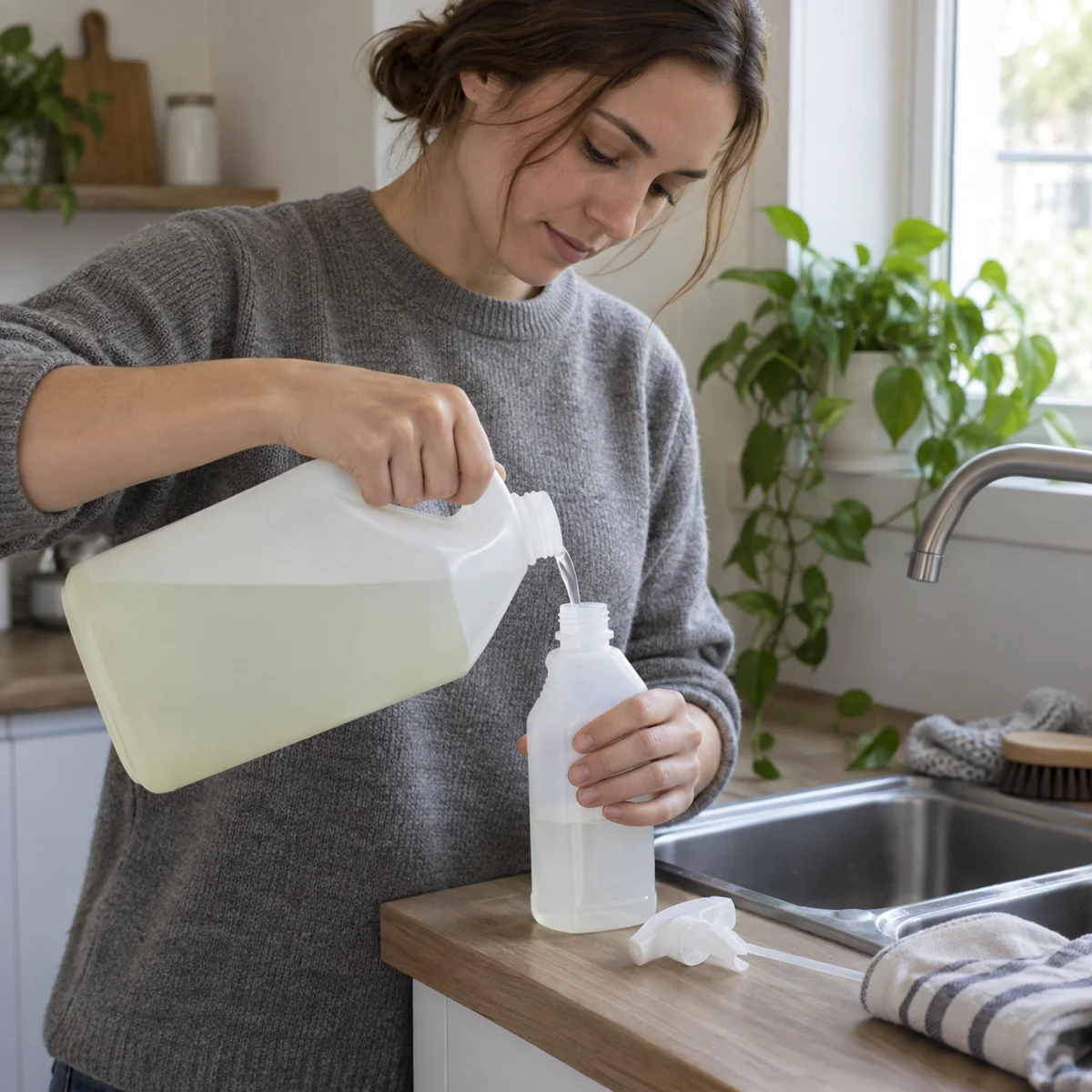 Person refilling a reusable household cleaning bottle at a sink