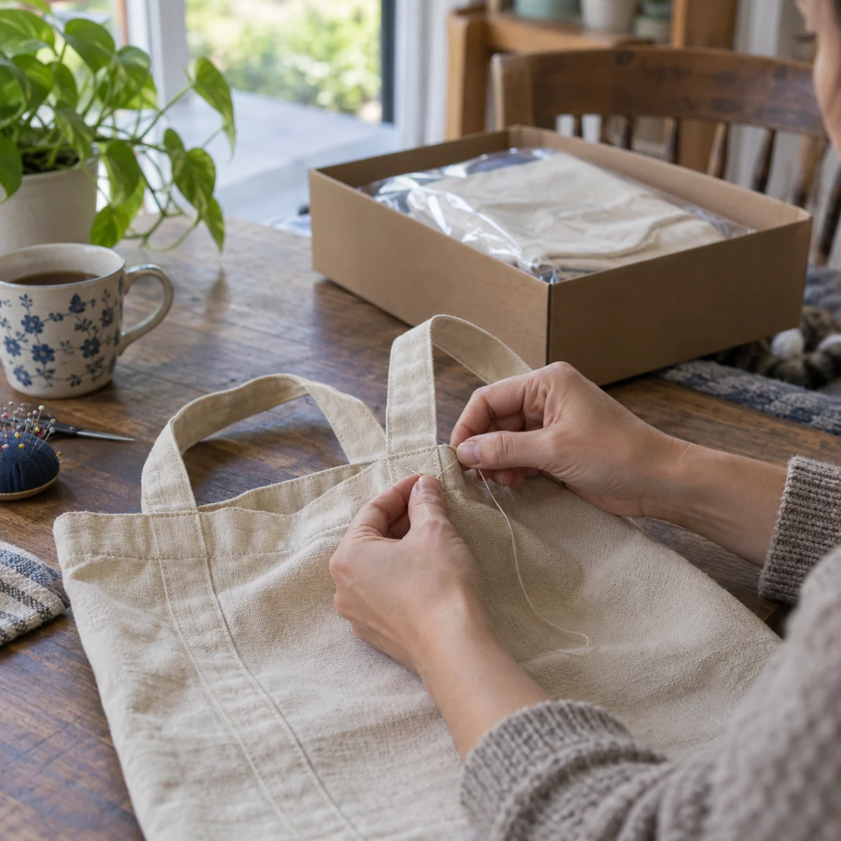 Hands repairing an existing reusable shopping bag before considering a replacement