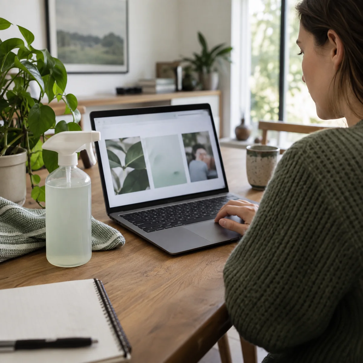 Shopper looking up a product claim on a laptop while comparing a household bottle