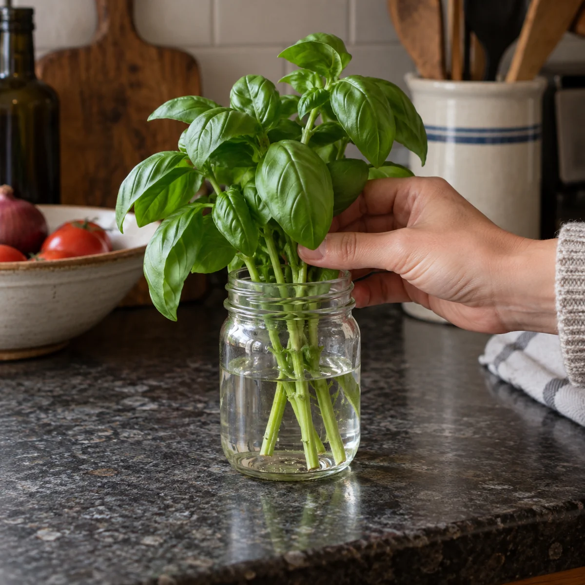 Fresh basil stems standing in a small water jar on a shaded kitchen counter