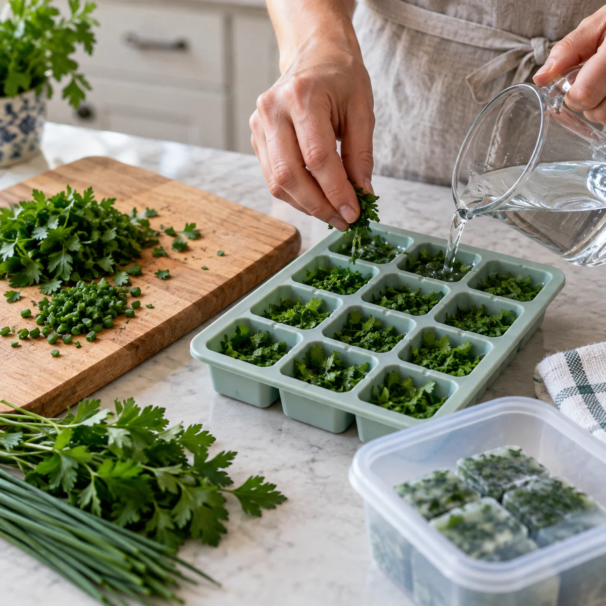 Hands adding chopped parsley and chives with water to a reusable ice cube tray