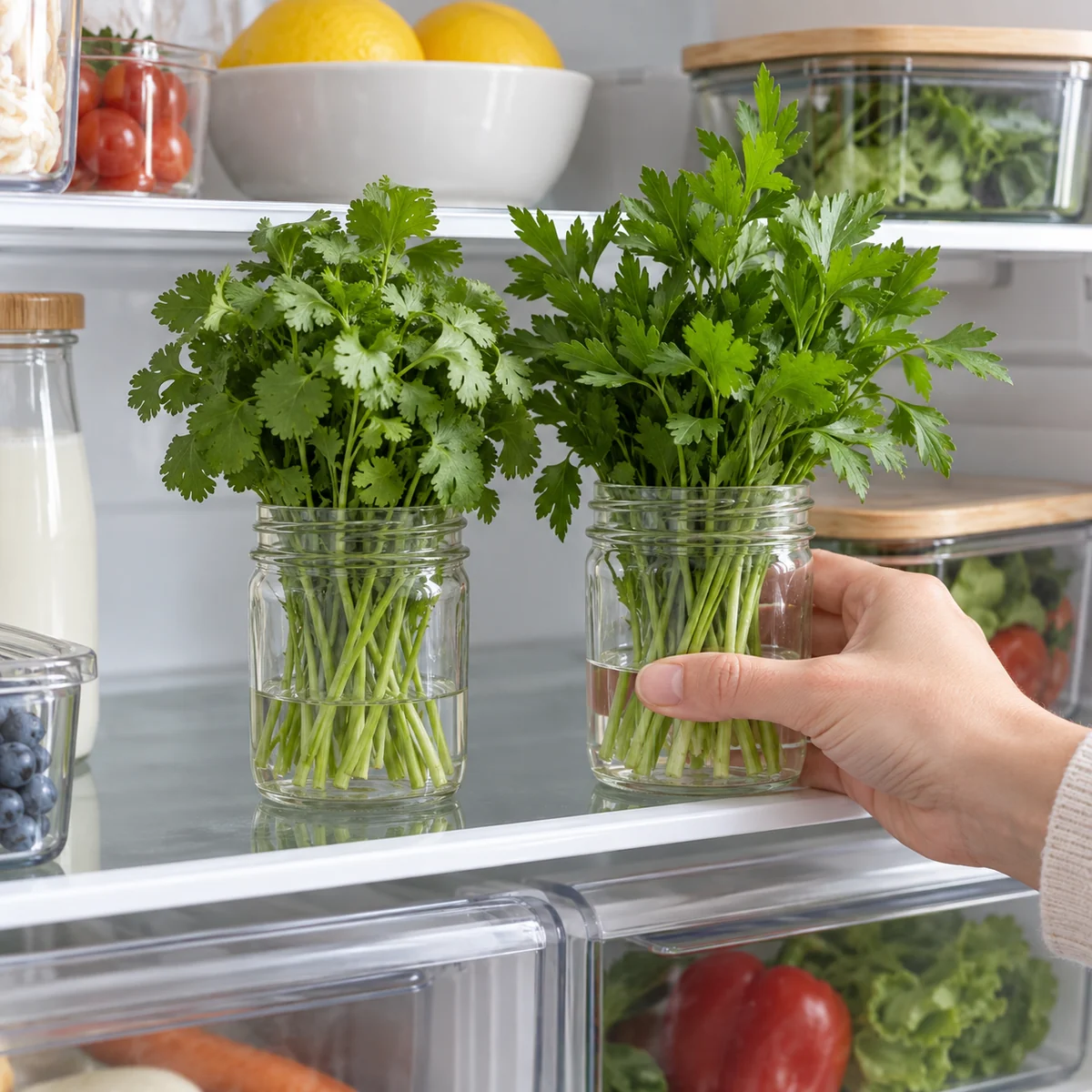 Parsley and cilantro stems in separate water jars on a refrigerator shelf
