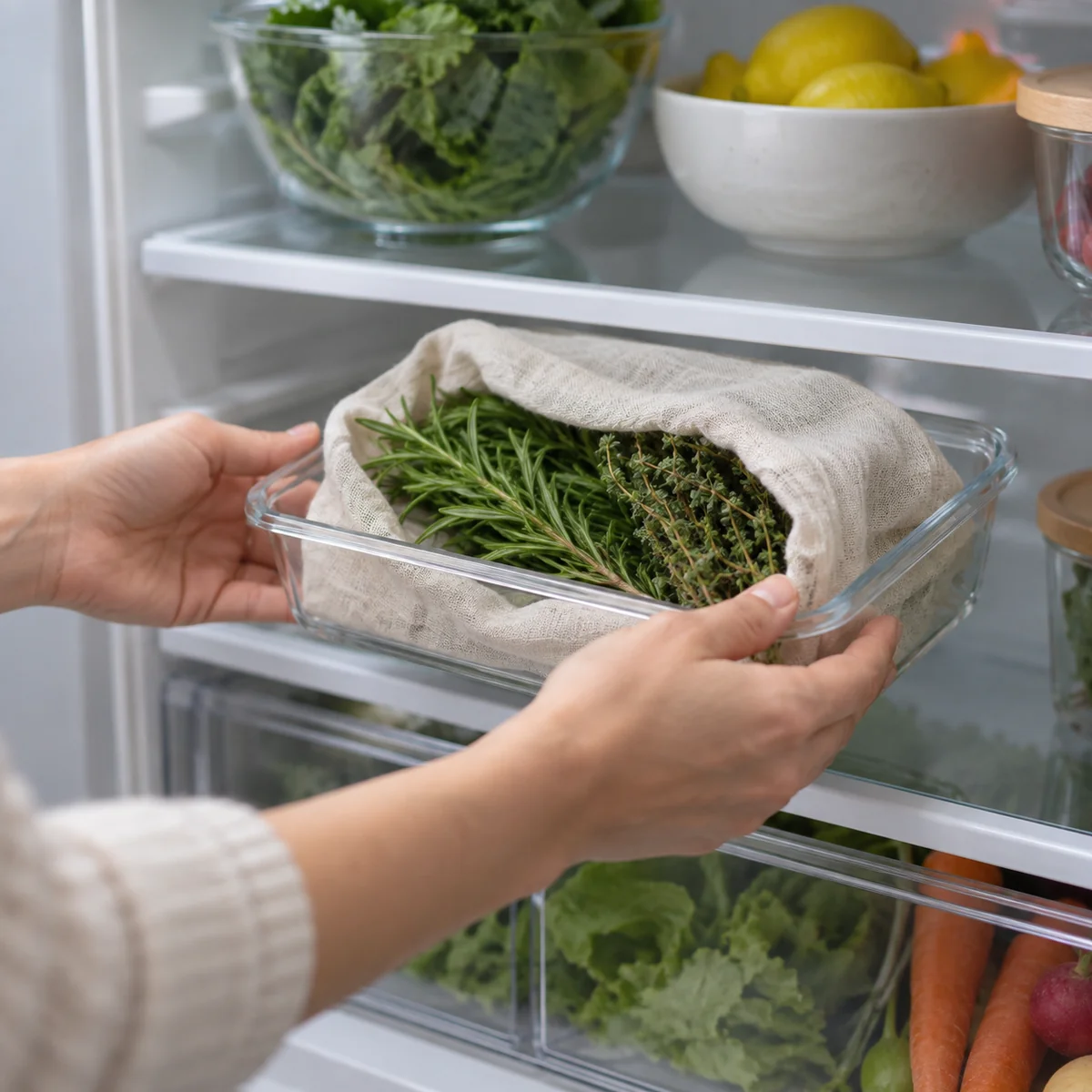 Rosemary and thyme sprigs loosely protected in a reusable cloth inside a refrigerator container