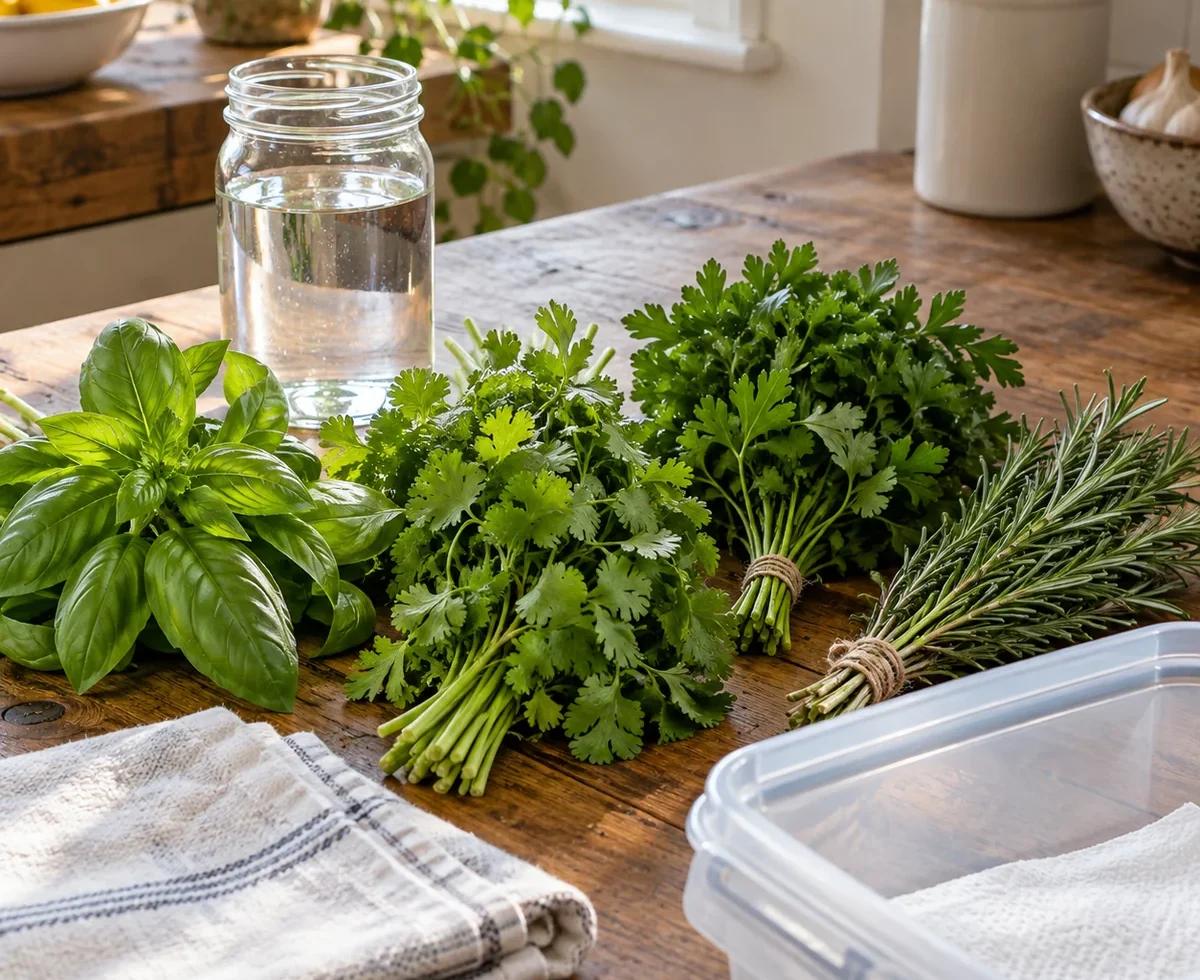 Fresh basil cilantro parsley and rosemary with kitchen storage supplies