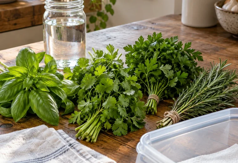 Fresh basil cilantro parsley and rosemary with kitchen storage supplies