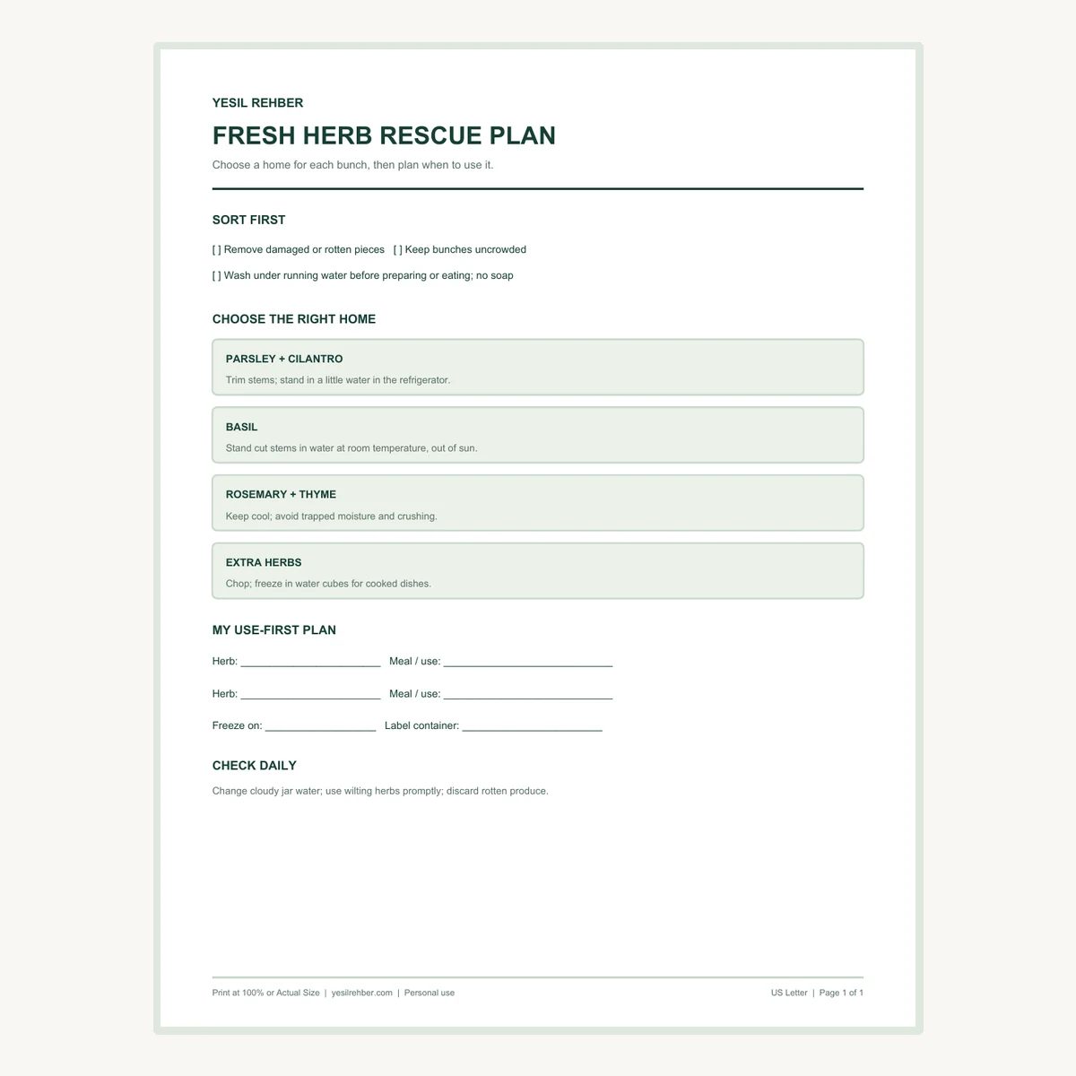 Preview of the actual one-page fresh herb rescue printable