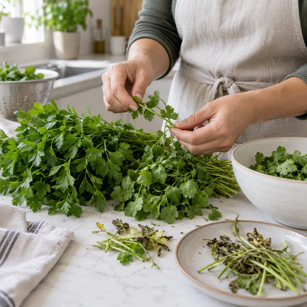 Hands sorting fresh herb stems and removing damaged pieces on a clean kitchen surface