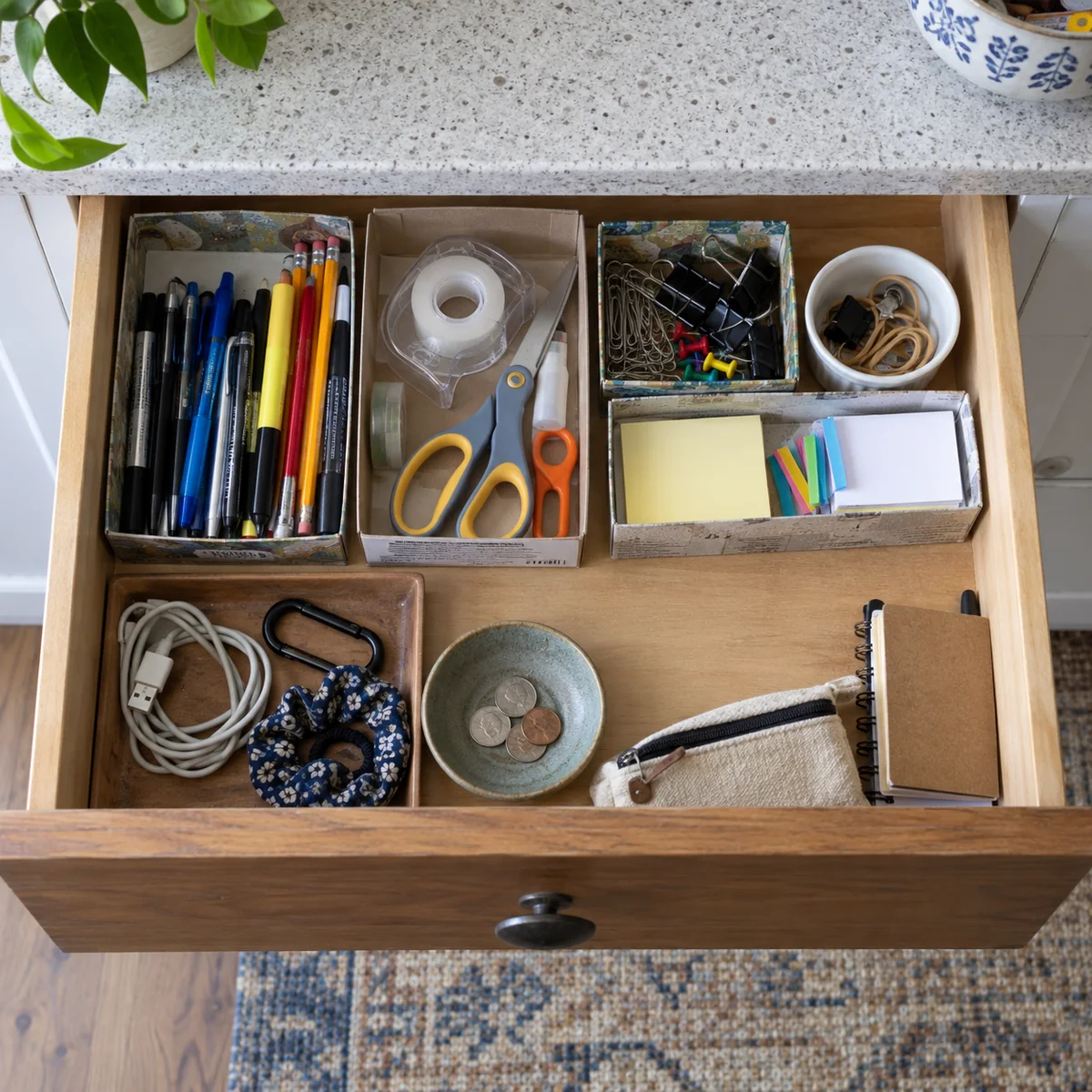 Useful drawer items grouped in reused shallow boxes with daily items in easy reach