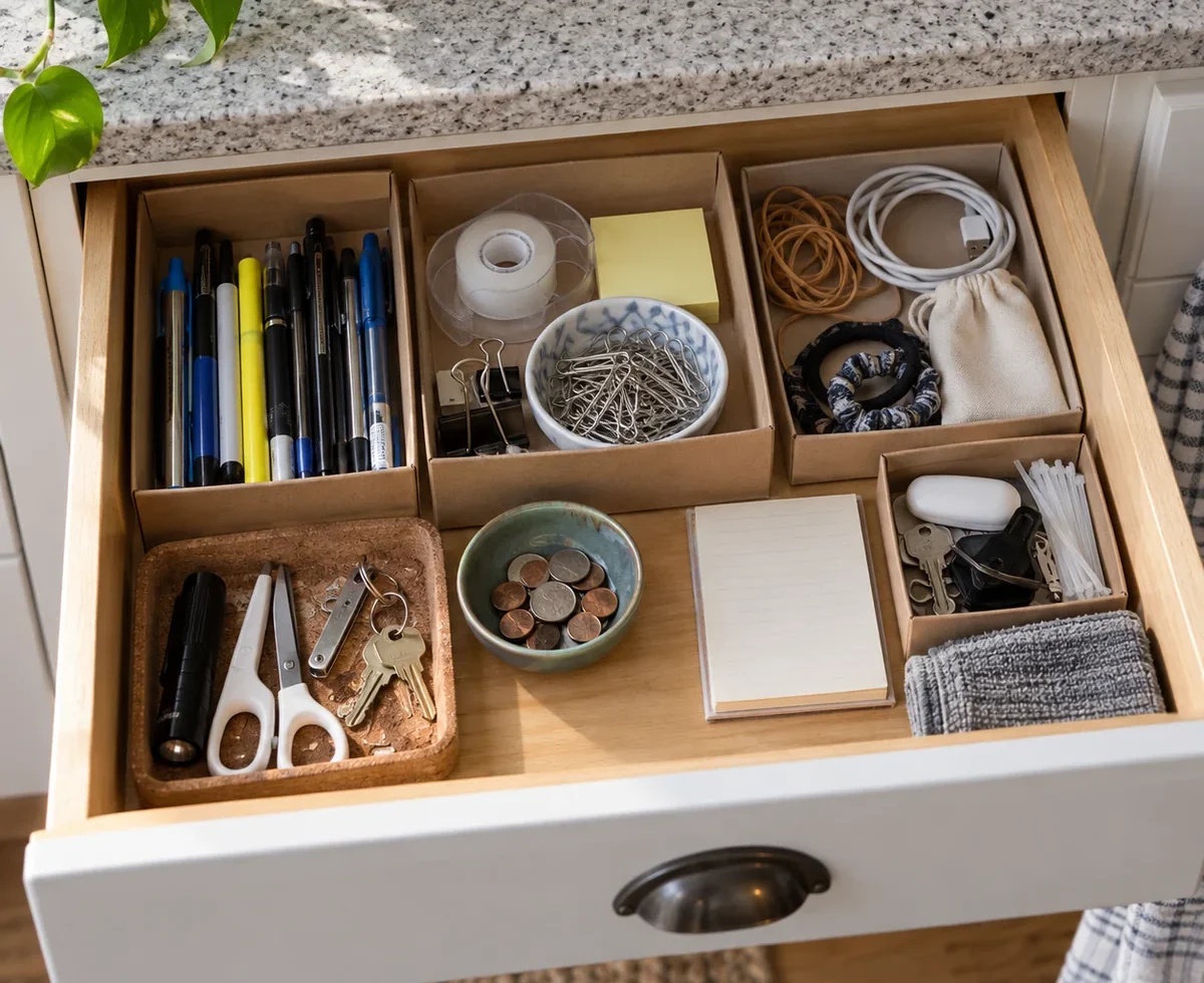 Useful household items arranged in reused boxes inside an open drawer