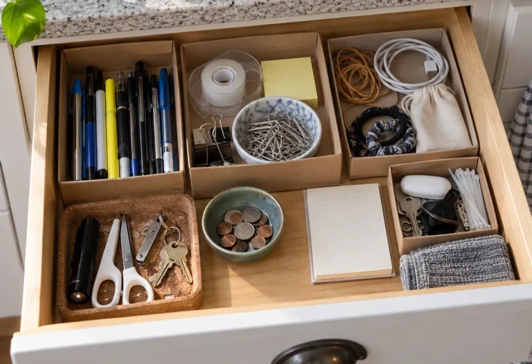 Useful household items arranged in reused boxes inside an open drawer
