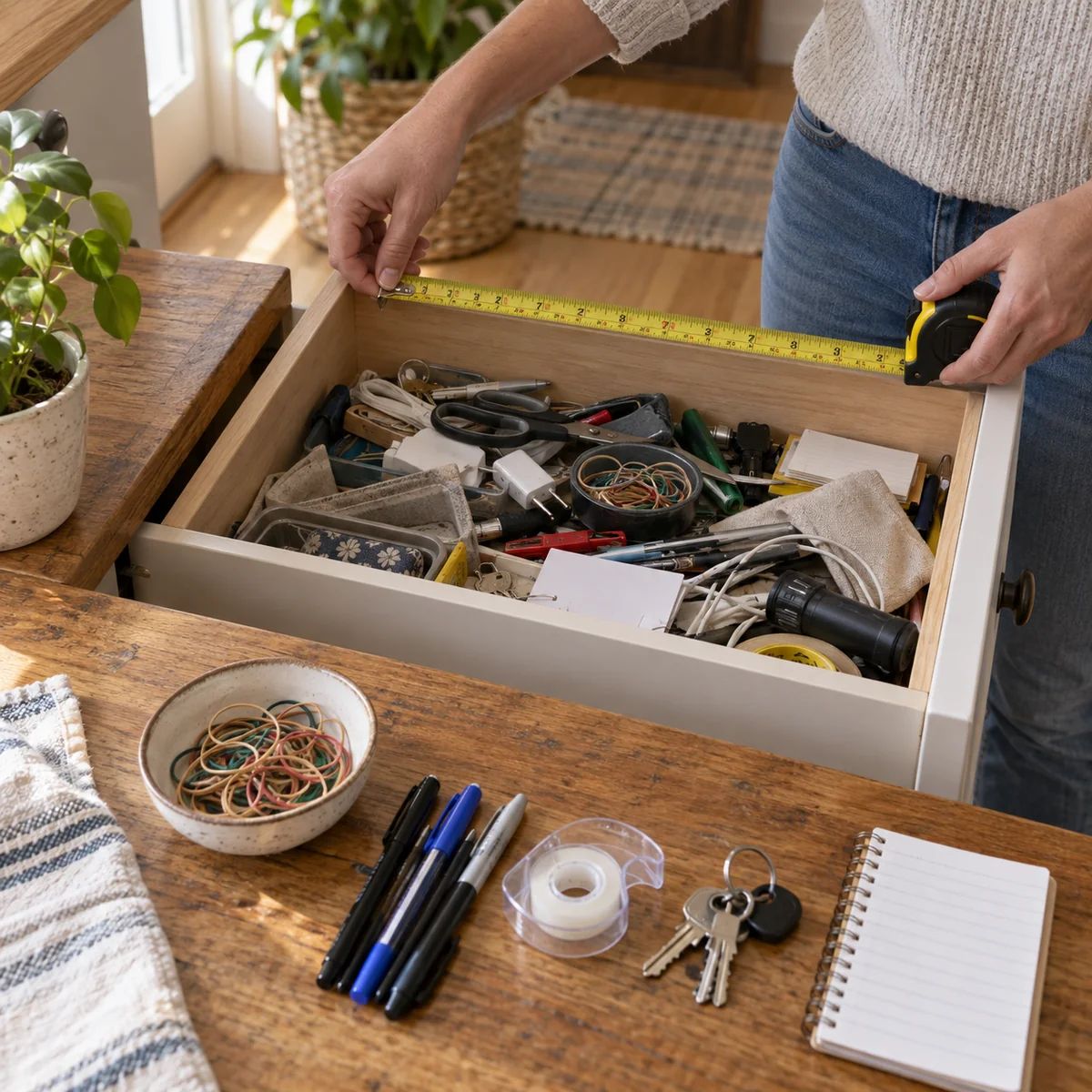 Hands measuring an open household drawer before testing small boxes