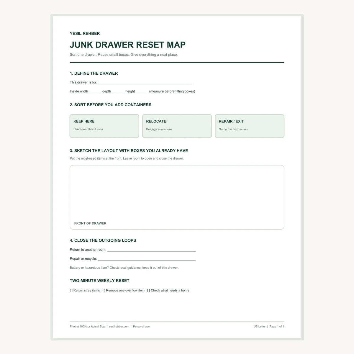 Preview of the actual one-page junk drawer reset map printable