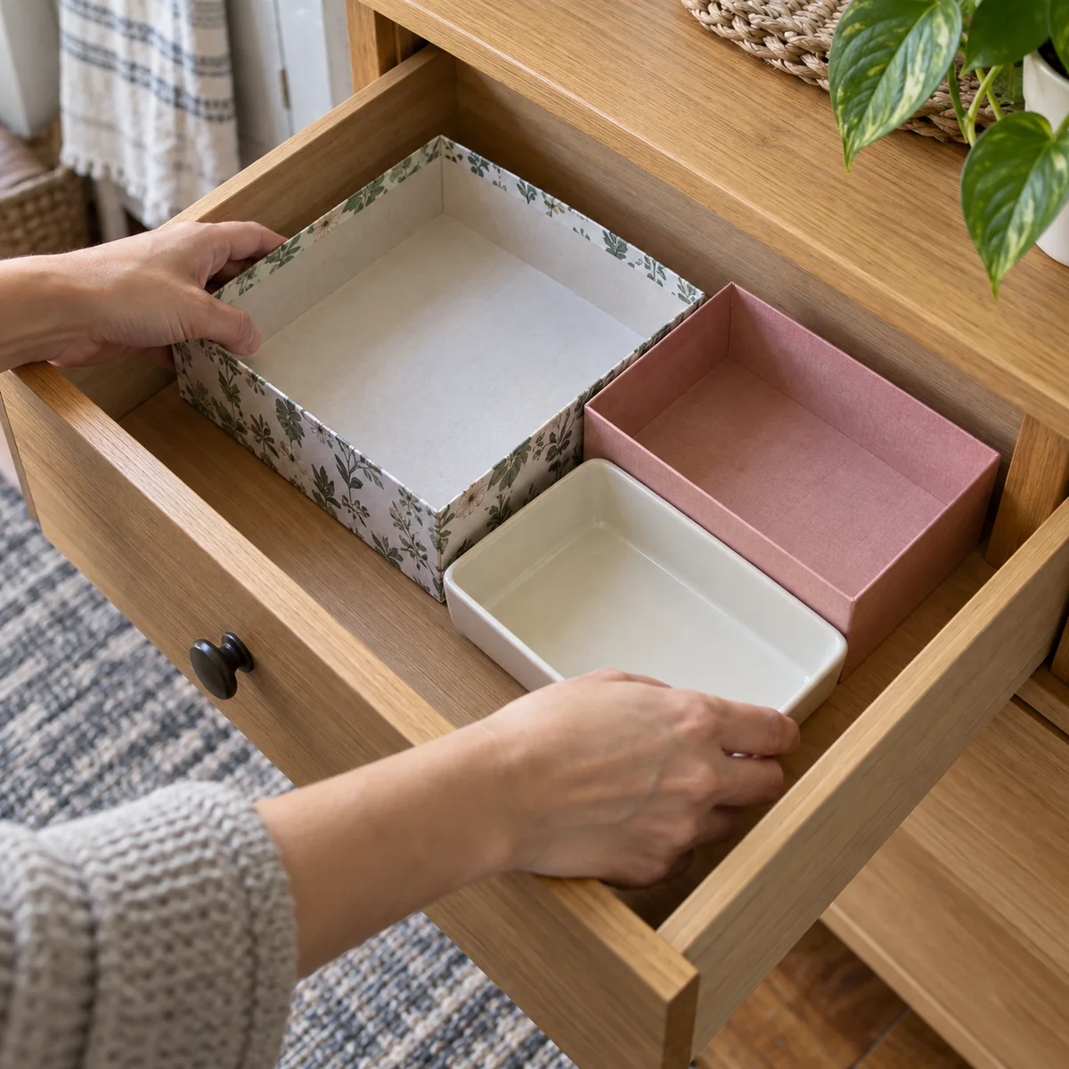 Hands fitting existing shallow boxes into an empty household drawer