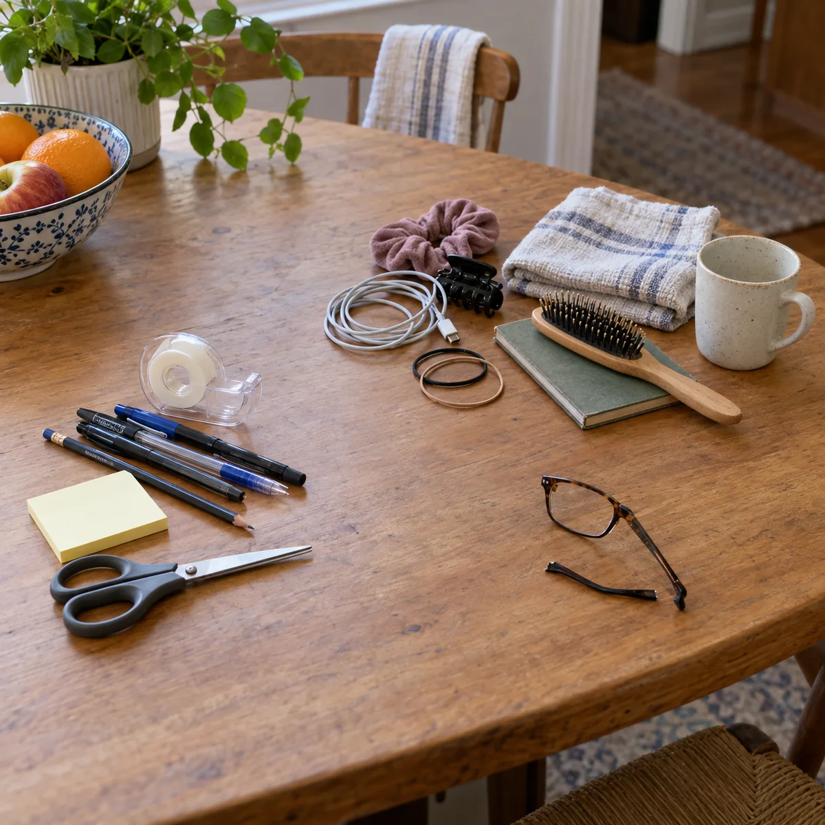Everyday drawer contents sorted into small groups on a table