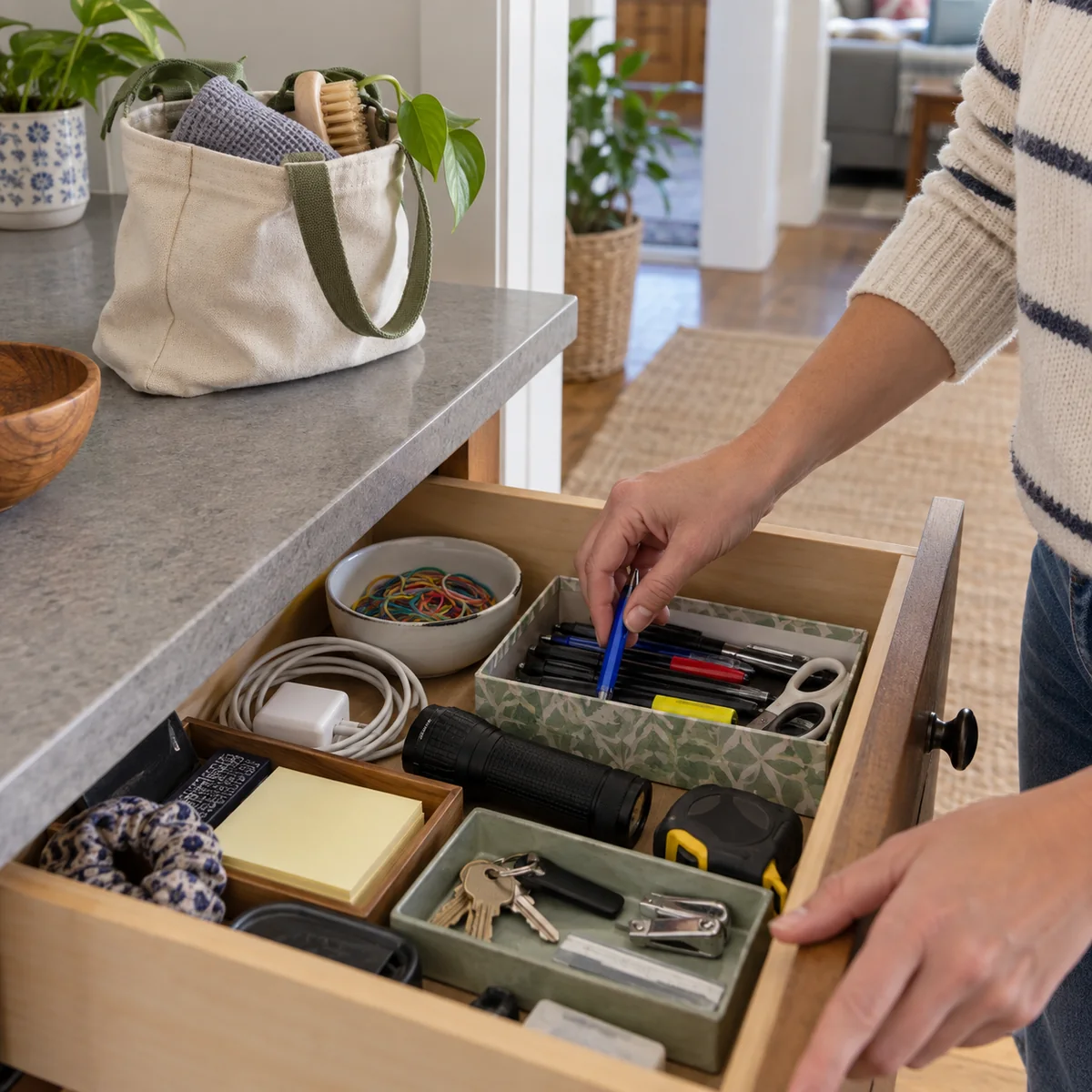 Hands returning a pen to its reused box during a quick drawer reset
