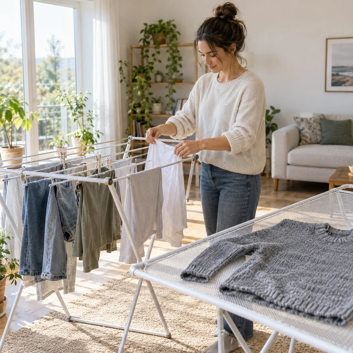 Clothes drying with space on an indoor rack while a knit garment lies flat