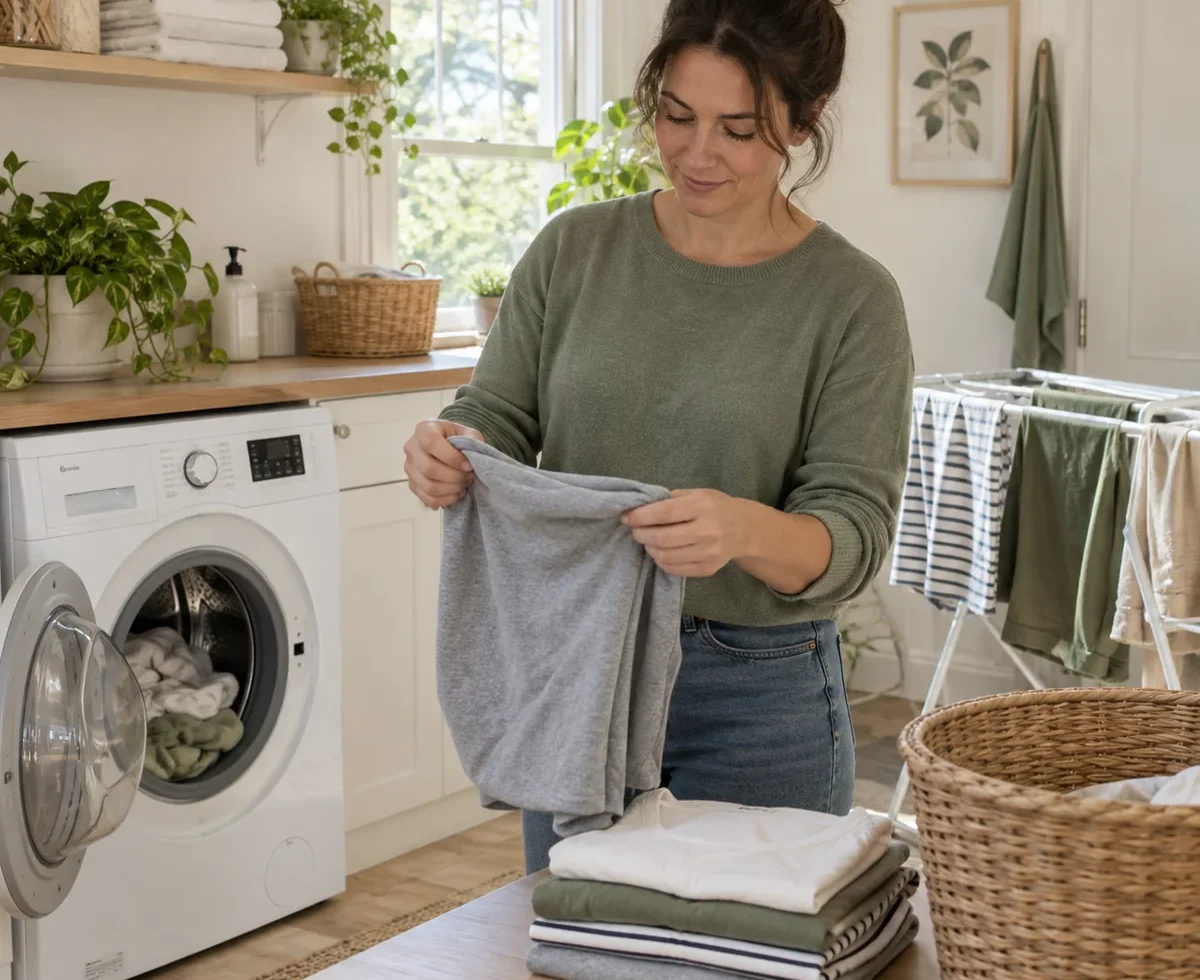 Person folding well cared for clothes beside a washing machine