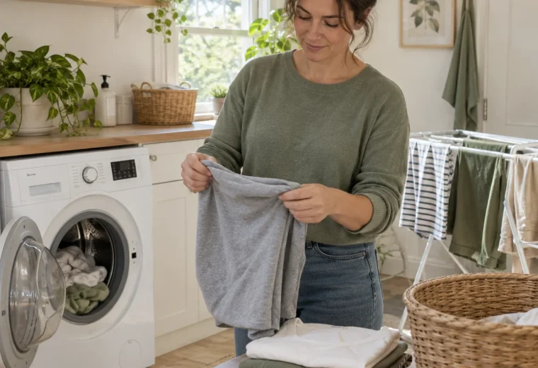 Person folding well cared for clothes beside a washing machine