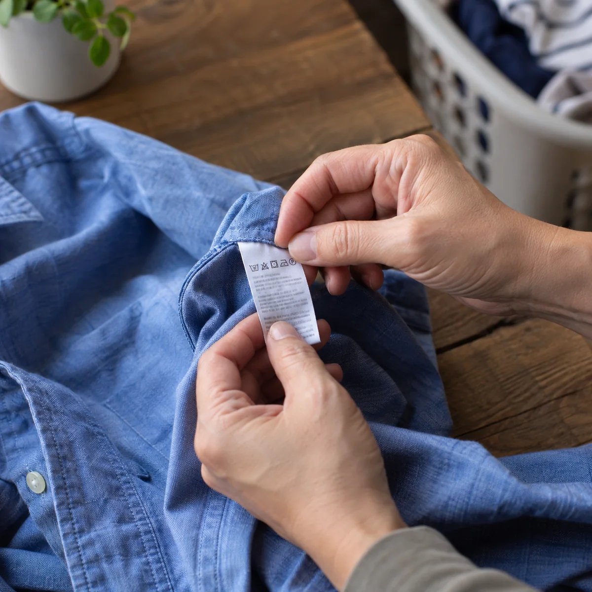 Hands checking the care label of a shirt before washing