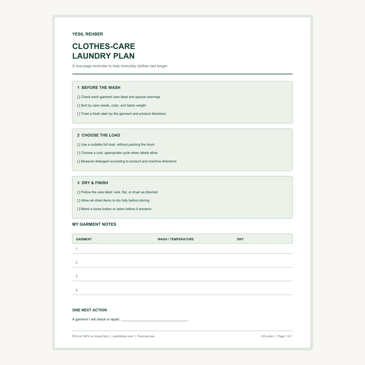 Preview of the actual one-page clothes-care laundry plan