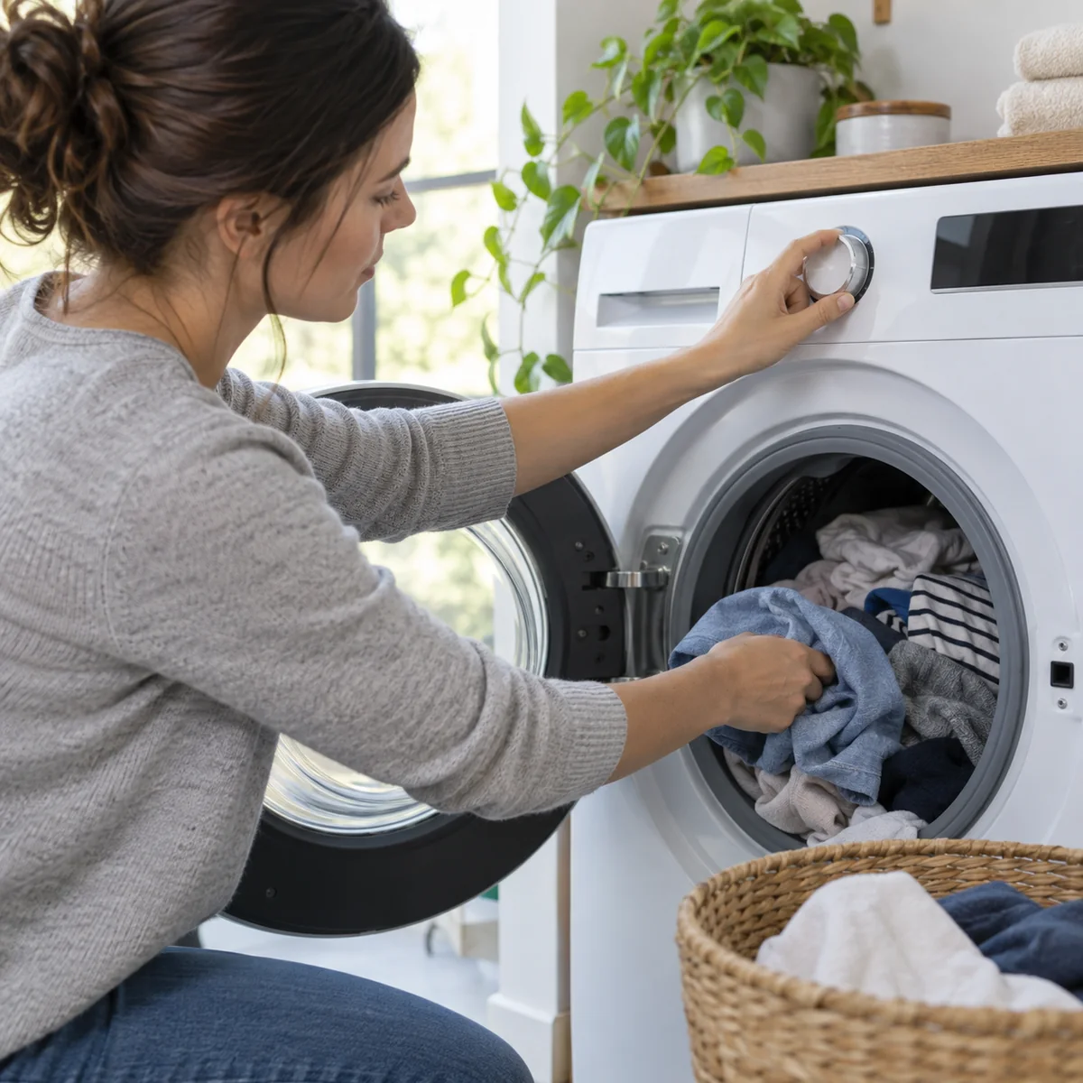 Person loading a suitable full load of everyday clothes into a washing machine
