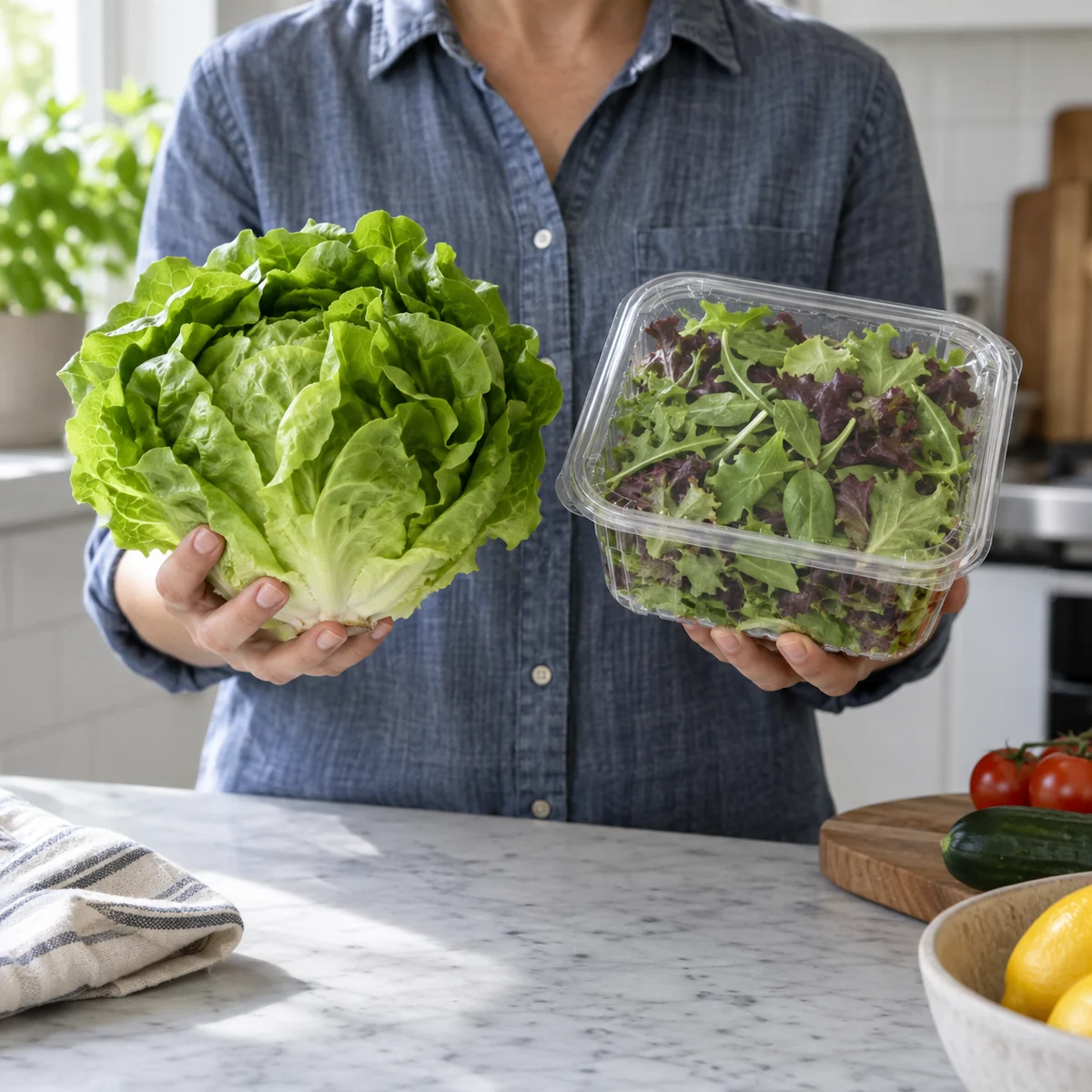 Whole lettuce head and a clear tub of mixed salad greens on a clean counter